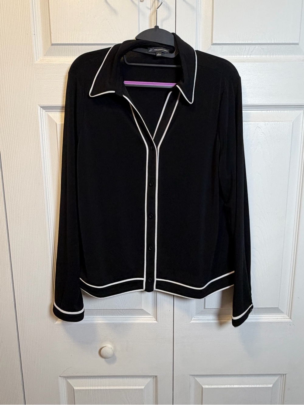 Adrianna Papell Black White Trim Button Front Blouse Size Large - Picture 7 of 8